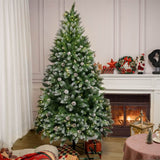Snow Flocked Artificial Christmas Tree with Pine Cones - Full PVC Xmas Tree with 8-Mode Warm White LED Lights, 6ft/7ft