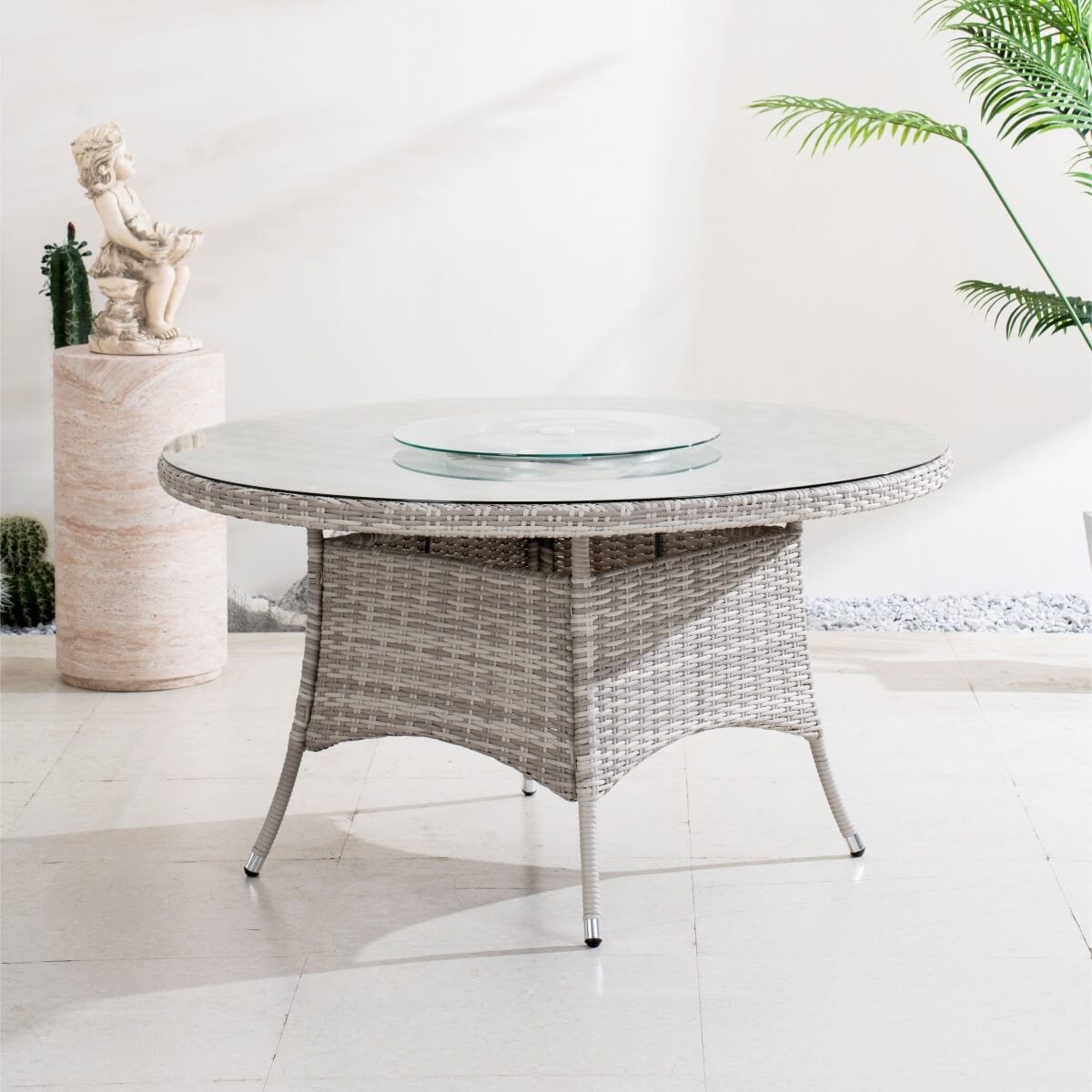 6 Seater Outdoor Rattan Round Dining Table - Glass Turntable & Parasol Hole Garden Table
