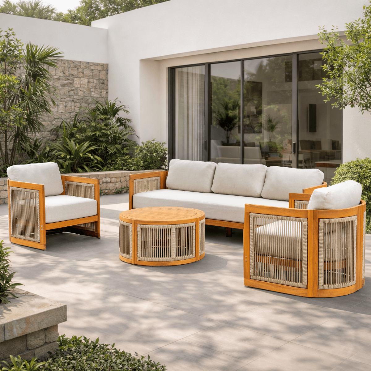 CAVEN 5-Seater Solid Wood Garden Sofa Set - 4-Piece Outdoor Sofa Set with Cushions