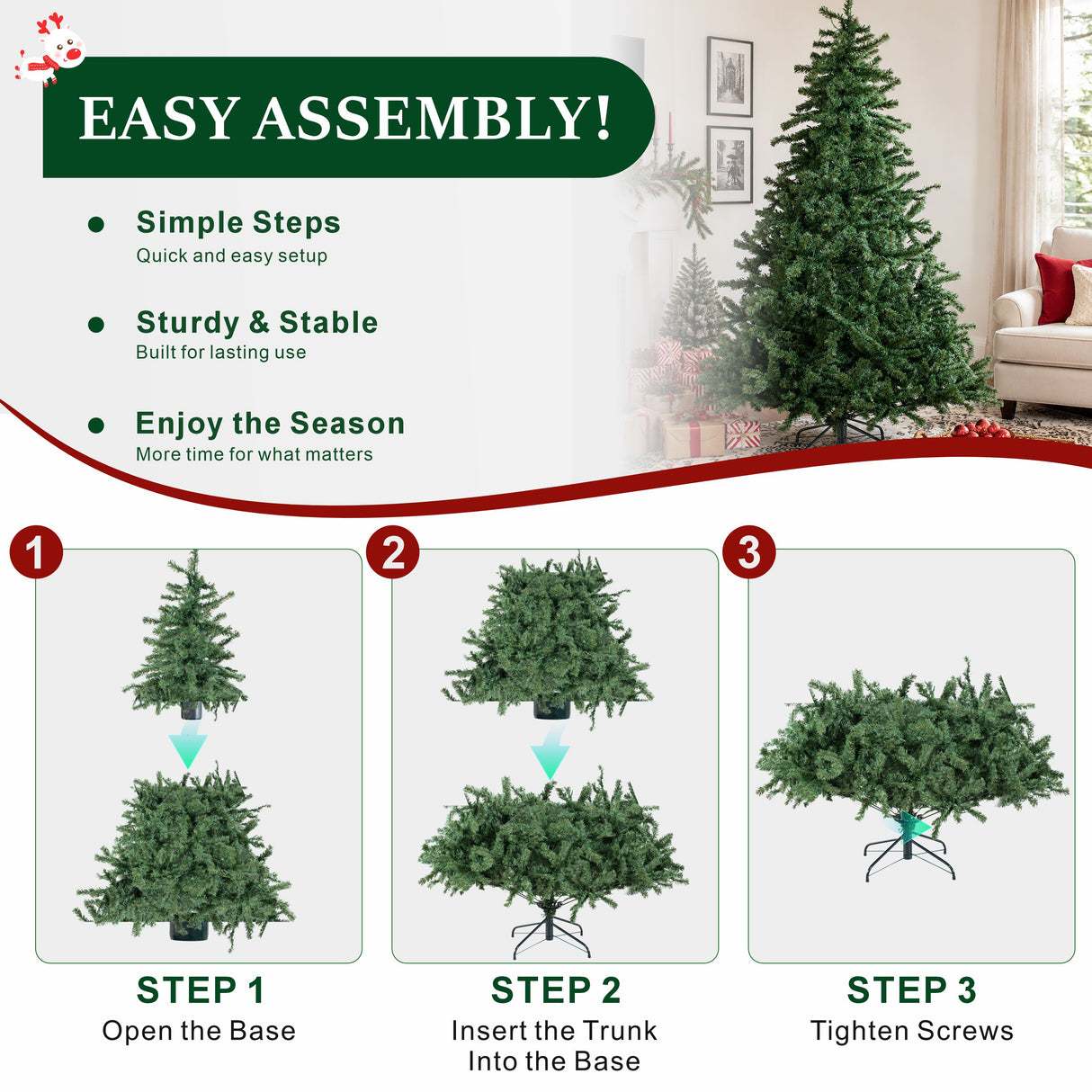 Realistic Full Green Artificial Christmas Tree - PVC Xmas Tree for Easy Setup & Indoor Festive Decoration, 6ft/7ft/8ft