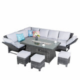 8-9 Seater Outdoor Fire Pit Set - Garden Corner Sofa with Rectangular Fire Pit Table, Footstools & Adjustable Armrests