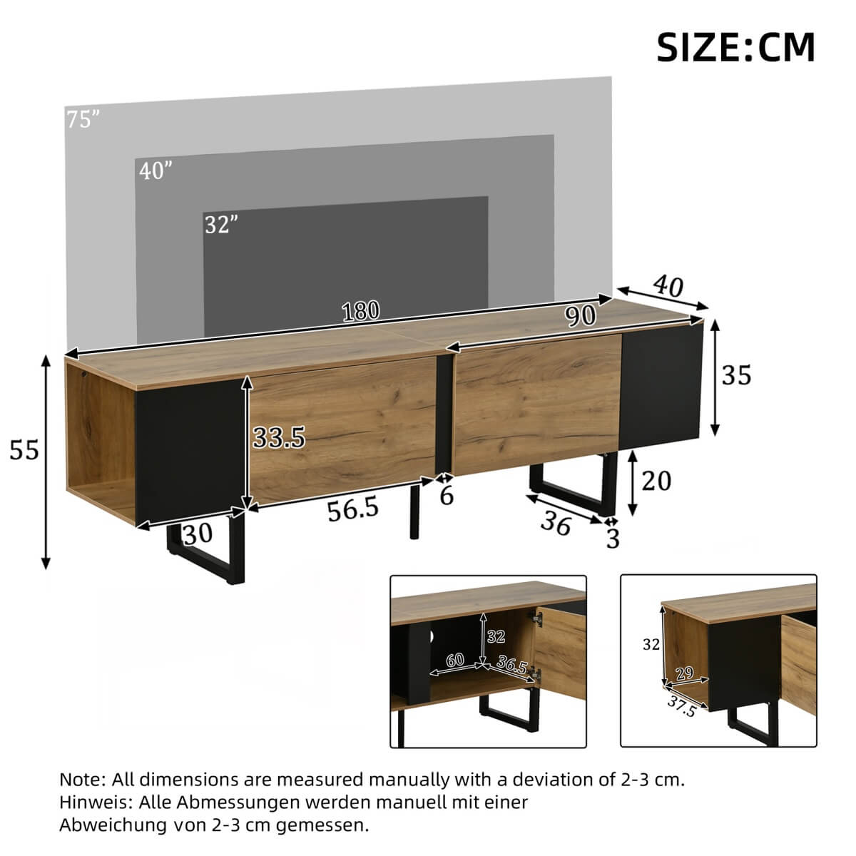 TV Unit - 2 Cabinets and Open Storage, Fits up to 75 Inch TV, Wood and Black