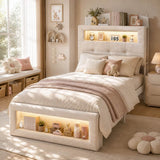 3ft Single Upholstered Storage Bed with LED Lights - Storage Headboard and Footboard, Velvet, Cream White