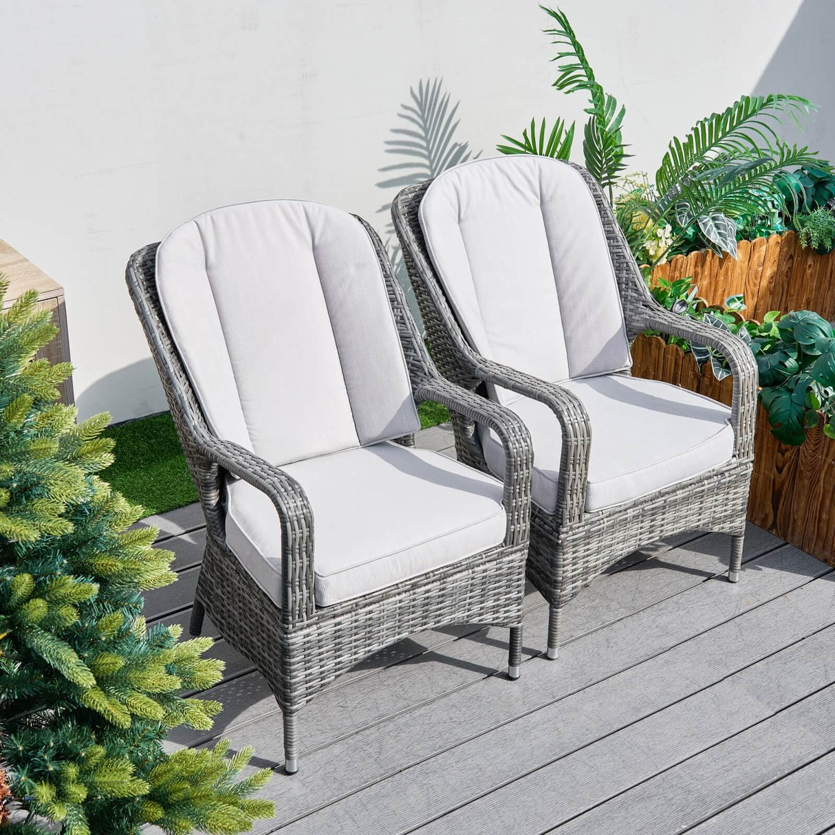 Set of 2 Rattan Garden Dining Chairs - Aluminium Frame, Outdoor Armchairs