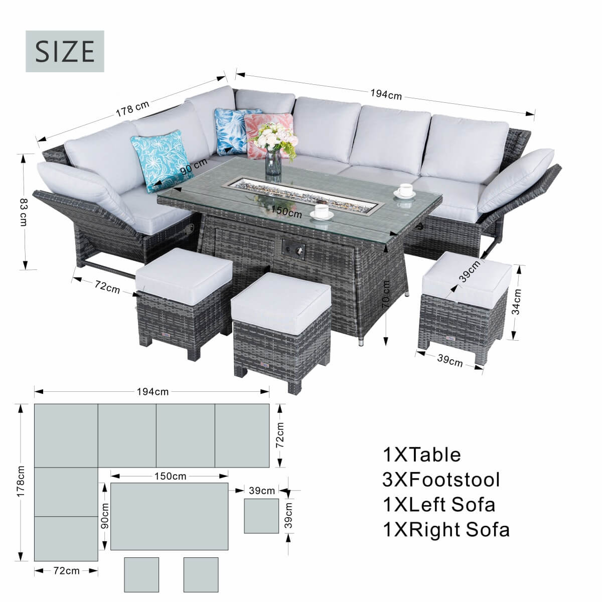 8-9 Seater Outdoor Fire Pit Set - Garden Corner Sofa with Rectangular Fire Pit Table, Footstools & Adjustable Armrests