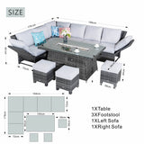 8-9 Seater Outdoor Fire Pit Set - Garden Corner Sofa with Rectangular Fire Pit Table, Footstools & Adjustable Armrests