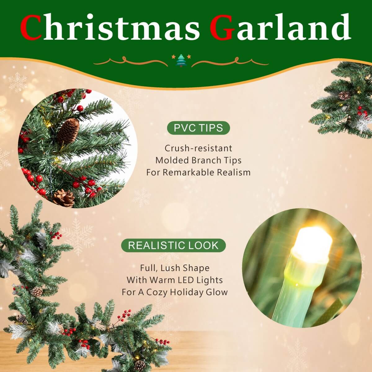 Festive PVC Christmas Garland - Pine Cones & Red Berries with Pre-Lit LED Lights
