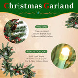 Festive PVC Christmas Garland - Pine Cones & Red Berries with Pre-Lit LED Lights