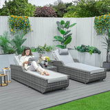 3 Piece Outdoor Rattan Sun Lounger Set with Side Table - Garden Sun Loungers