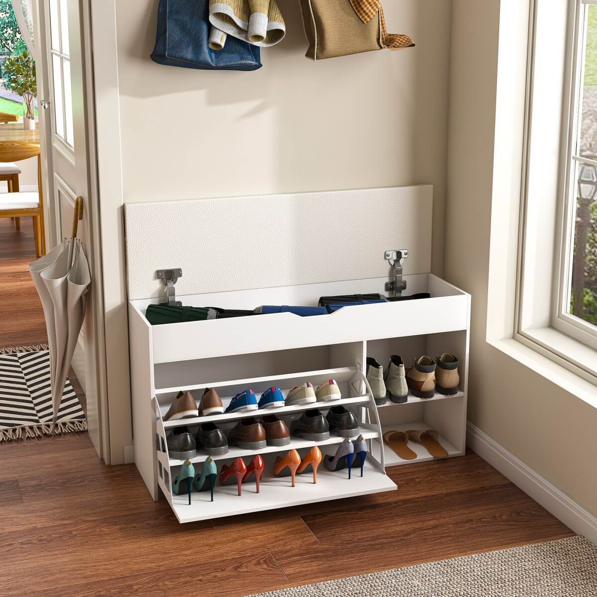 Entryway Shoe Storage Bench - 3-Tier Flip-Up Drawers and Hidden Cabinet, Space-Saving Design, White