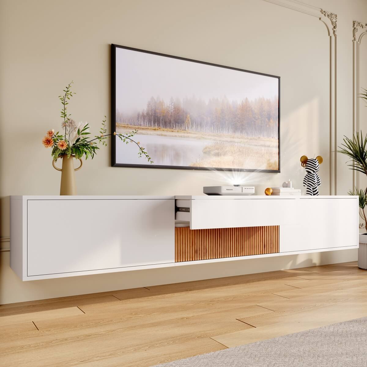 Modern TV Stand - Low Profile TV Unit with Projector Shelf & Storage, Contemporary Media Console for Living Room