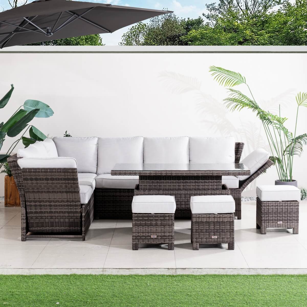 Premium Aluminium Modular Sofa Set - 9-Seater with Gas-Lift Armrests & Adjustable Table, Grey/Brown