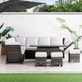 Premium Aluminium Modular Sofa Set - 9-Seater with Gas-Lift Armrests & Adjustable Table, Grey/Brown