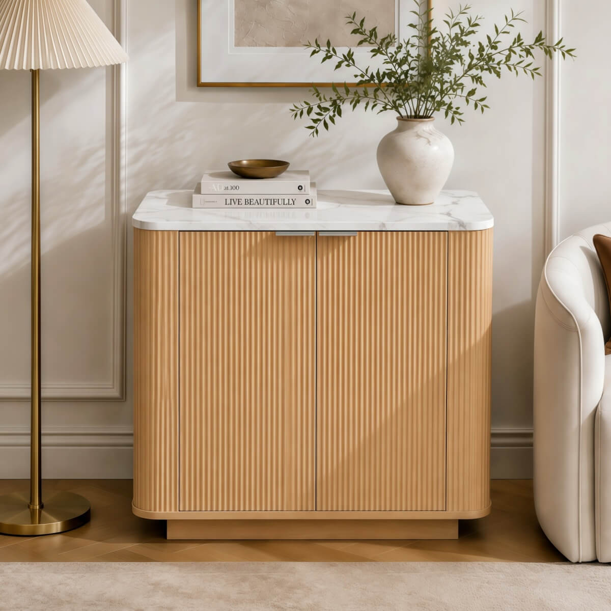 Fluted 2-Door Sideboard - Oak Effect with Marble Effect Top, 2-Tier Shelves, Rounded Corners and Metal Handles