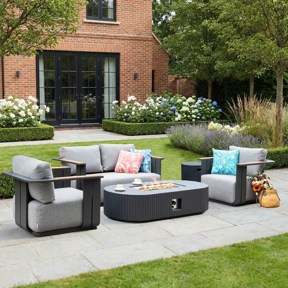 VAREL 4-Piece Sofa Set with LYRIN Fire Pit Table (2 Armchairs + 2-Seater)