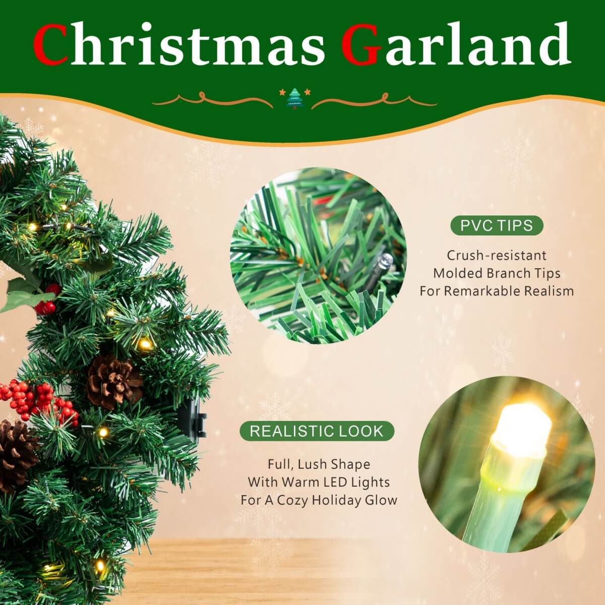 PVC & PE Evergreen Christmas Wreath with Red Berry Clusters & Pine Cones