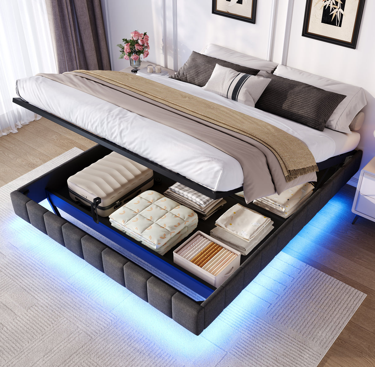 4ft6 Double Floating Bed Frame - Hydraulic Storage, RGB LED Lights, Grey Linen