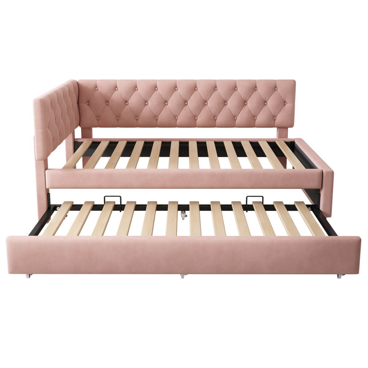 Upholstered Daybed with Pull-Out Bed - 3FT Single Sofa Bed 90x190cm, Trundle Guest Bed with Slatted Frame, Velvet