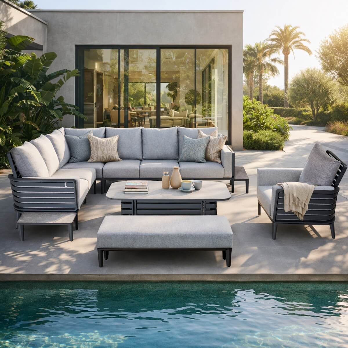AUREL 9-Seater Aluminium Modular L-Shaped Outdoor Corner Sofa Set - 9 Pieces