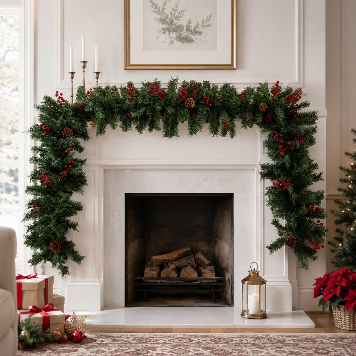 PVC Christmas Garland - Pine Cones & Red Berries with Pre-Lit LED Lights