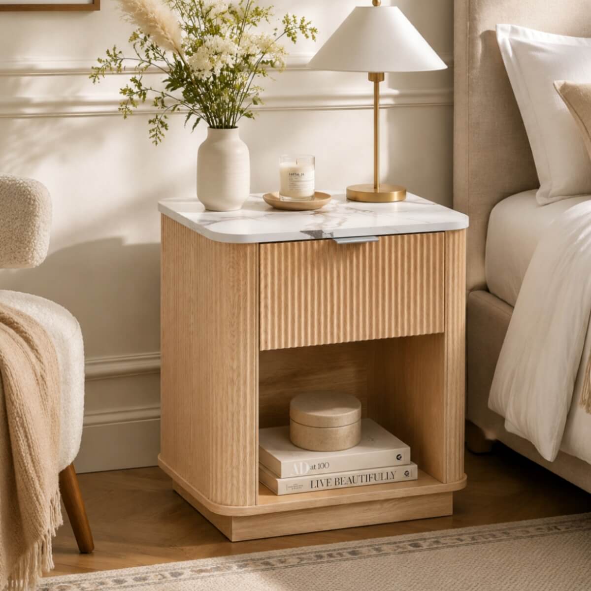 Set of 2 Modern Fluted Bedside Tables - Oak Effect with Marble Effect Tops, Drawer and Open Shelf