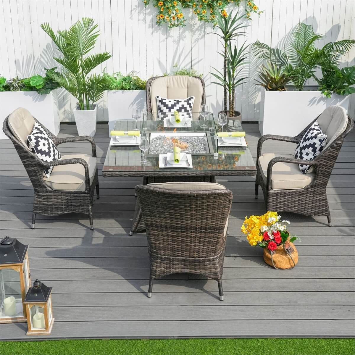 4-Seater Rattan Fire Pit Table Set - Square Gas Fire Pit Table with Wind Guard & Tempered Glass, Brown