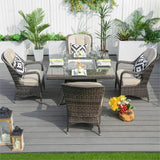 4-Seater Rattan Fire Pit Table Set - Square Gas Fire Pit Table with Wind Guard & Tempered Glass, Brown