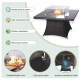 4-Seater Rattan Fire Pit Table Set - Square Gas Fire Pit Table with Wind Guard & Tempered Glass, Brown