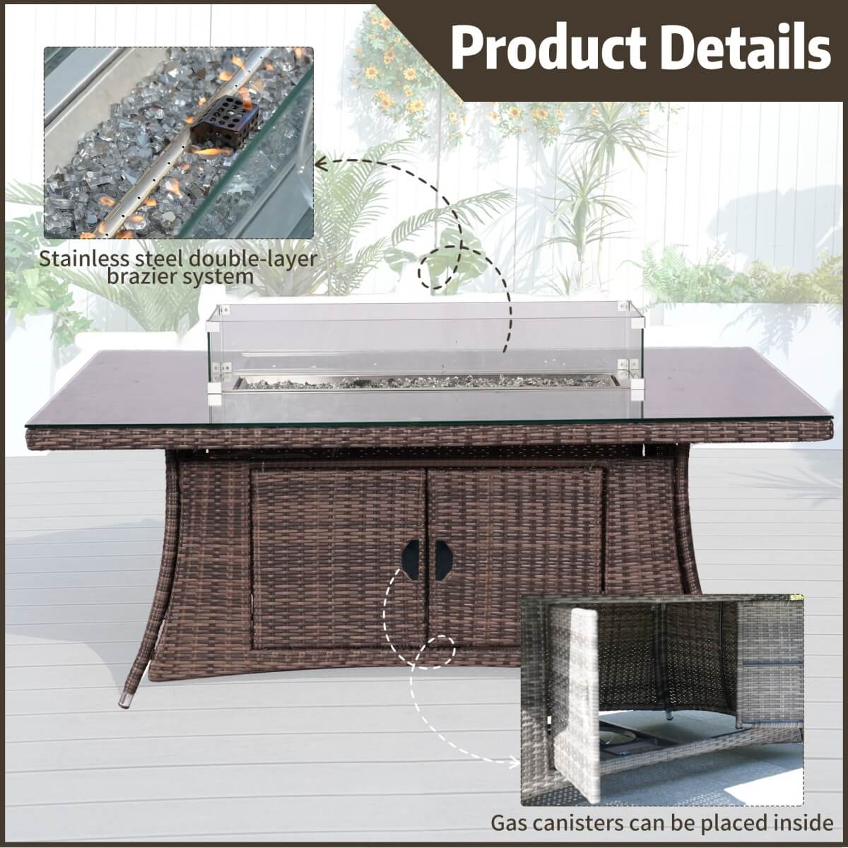 6 Seater Rattan Fire Pit Dining Table - Rectangular Outdoor Table with Glass Top