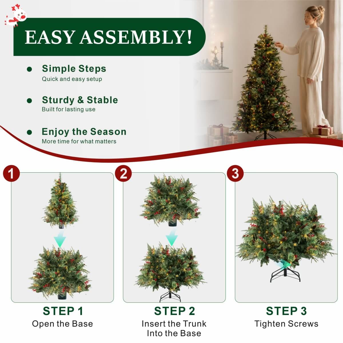 Realistic Full Green Artificial Christmas Tree with Pine Cones & Red Berries - Easy-Setup PVC Xmas Tree, 5ft/6ft/7ft
