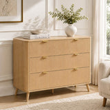 3-Drawer Chest of Drawers - Fluted Bedroom Storage Unit with Rounded Corners, Gold Handles and 4 Solid Wood Legs, Natural Oak Effect