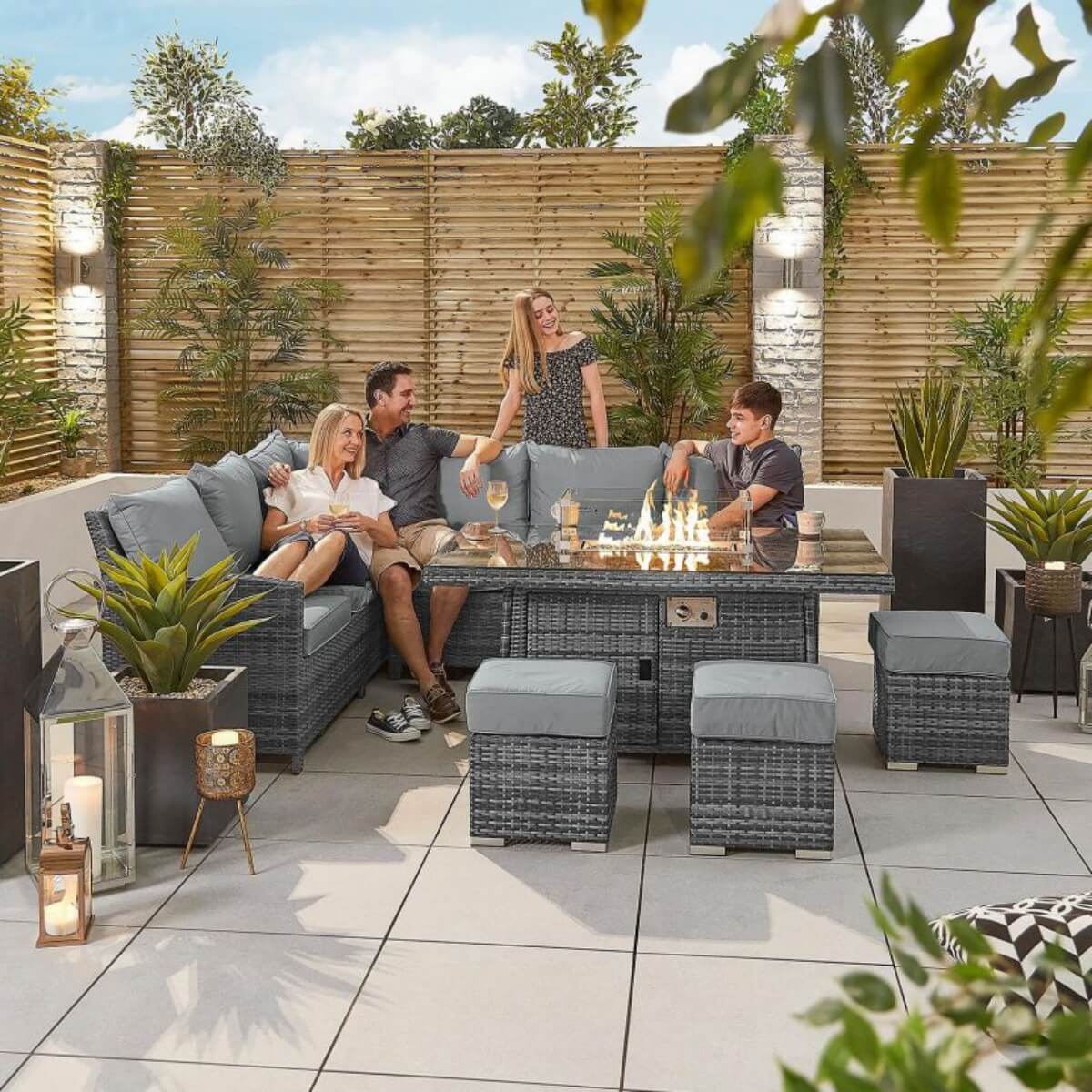8-Seater Outdoor Corner Sofa Set with Rectangular Fire Pit Table and 3 Footstools - PAF-16591