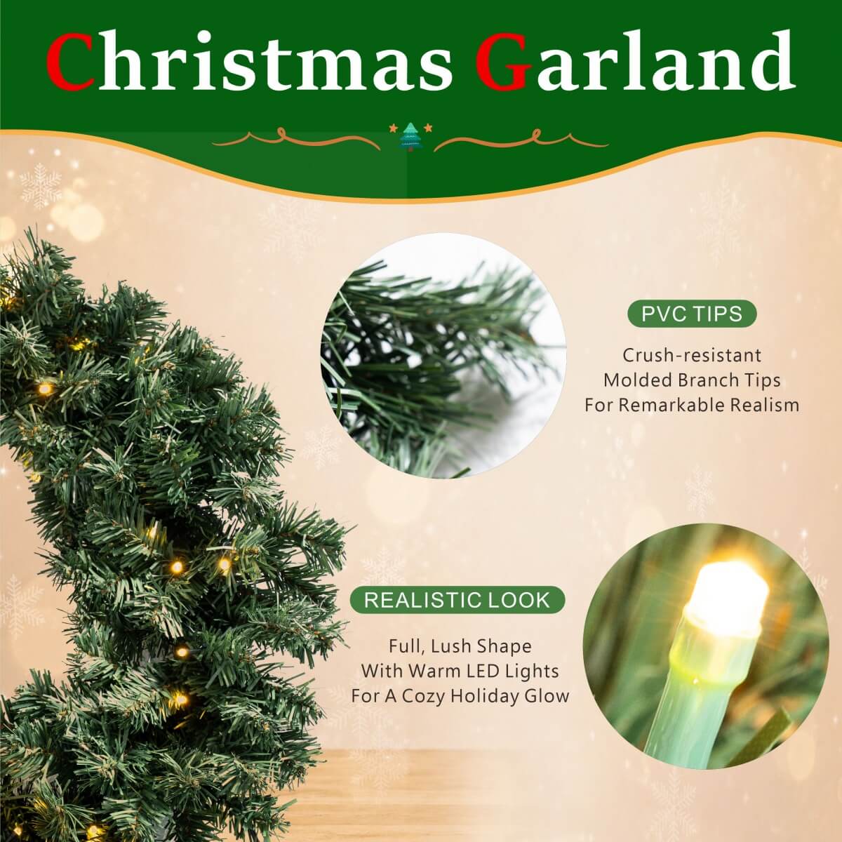 Pre-Lit Artificial Christmas Wreath - Realistic PVC Foliage Wreath with Warm White LED Lights for Door & Home Decoration