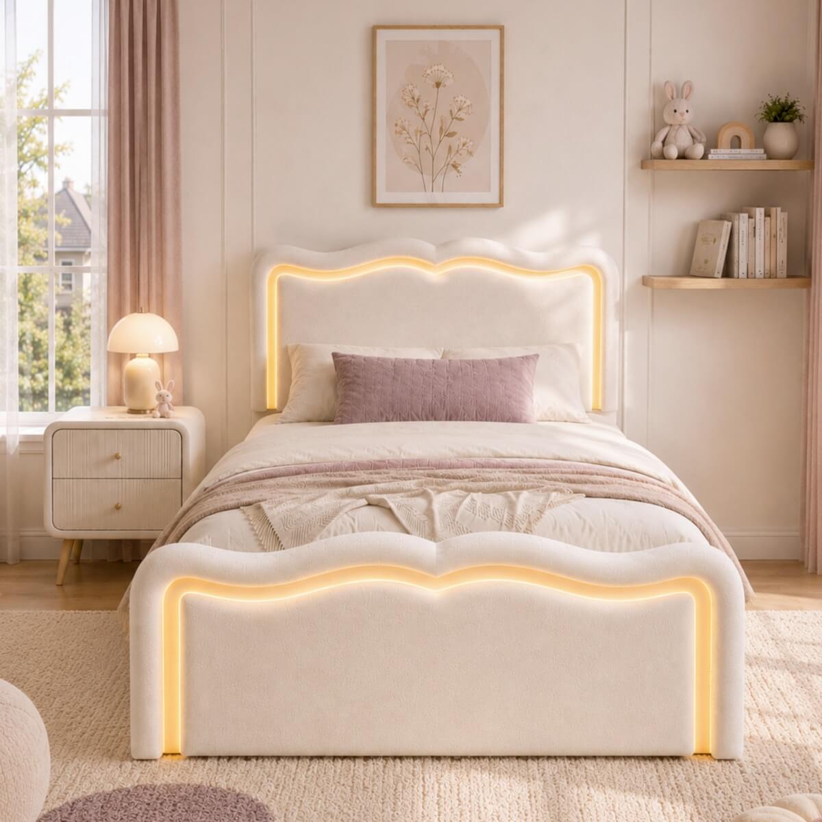 3ft Single Velvet Ottoman Storage Bed - Upholstered Hydraulic Bed with LED Lights, Wave Headboard and Metal Slatted Base, Cream White