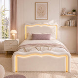 3ft Single Velvet Ottoman Storage Bed - Upholstered Hydraulic Bed with LED Lights, Wave Headboard and Metal Slatted Base, Cream White