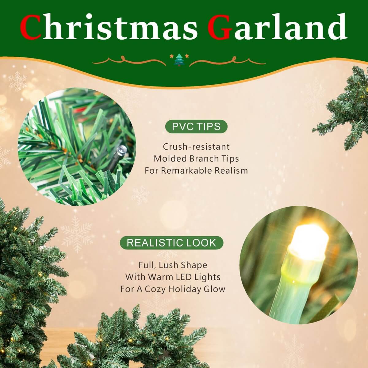 Pre-Lit Christmas Garland - Realistic PVC Foliage Garland with LED Lights for Festive Decoration