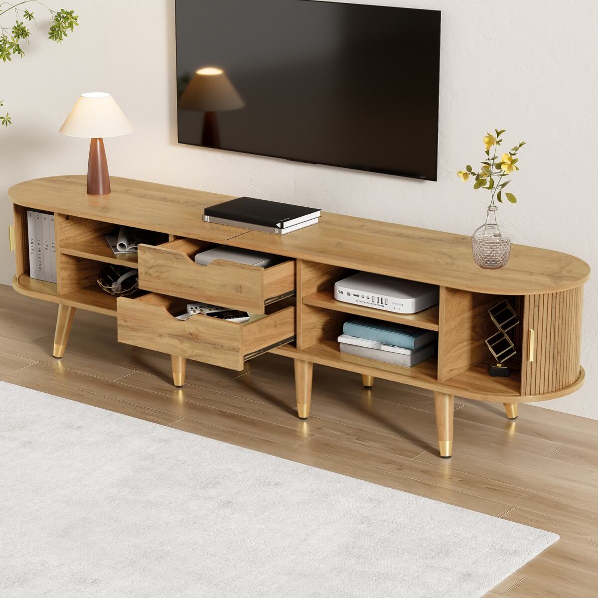 Modern TV Cabinet with Sliding Doors - Low TV Stand with Unique Design & Storage