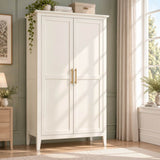 2-Door Freestanding Wardrobe - Hanging Rail, Storage Shelf, Gold Handles and Raised Legs, Cream White