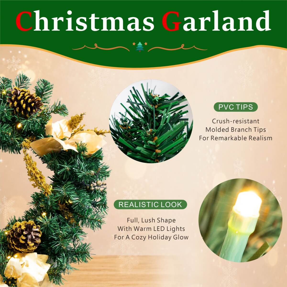 Christmas Wreath with Gold Flowers & Red Berries - PVC Wreath with Pre-Lit LED Lights & Gold Branches