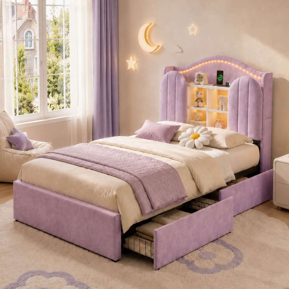 3ft Single Kids Upholstered Bed - House-Inspired LED Storage Headboard, Charging Station and 2 Reversible Drawers, Purple