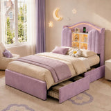 3ft Single Kids Upholstered Bed - House-Inspired LED Storage Headboard, Charging Station and 2 Reversible Drawers, Purple