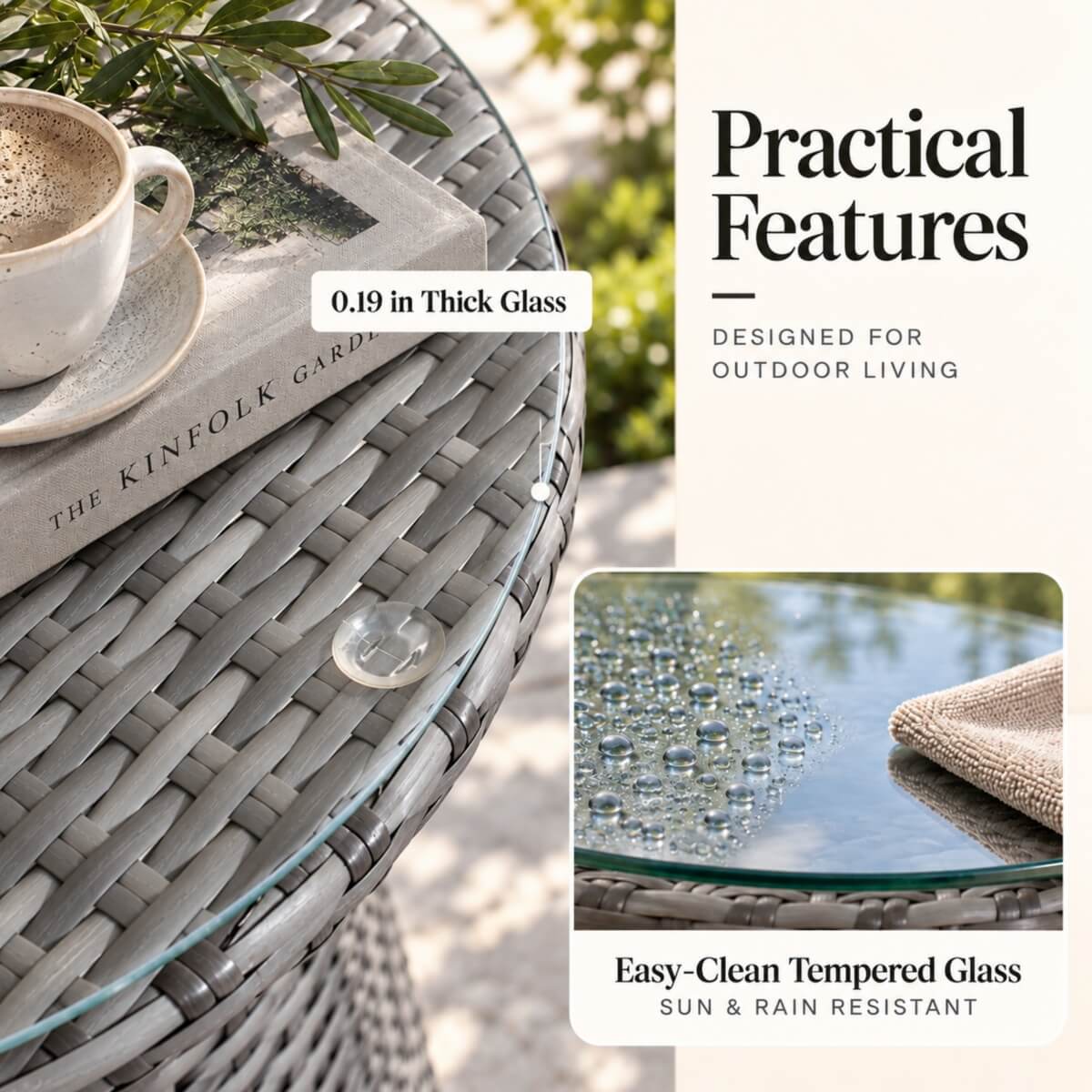 Round Grey Rattan Outdoor Coffee Table - Aluminium Frame Garden Patio Side Table