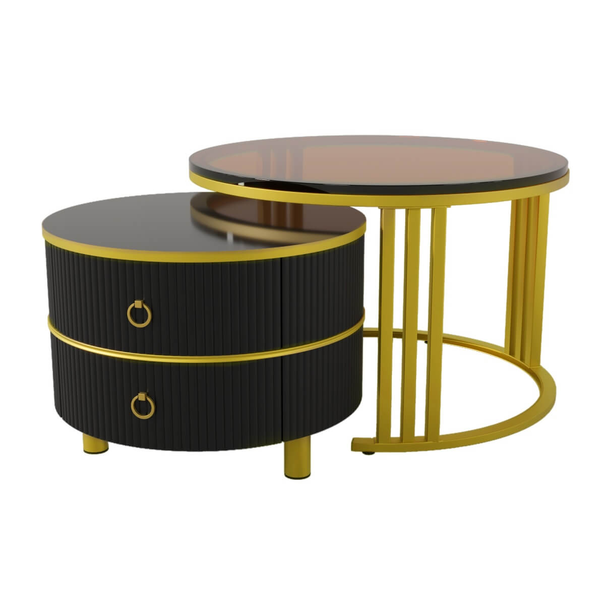 2-in-1 Round Coffee Table Set with Side Table - High Gloss MDF Tabletop, Brown Tempered Glass Top and 2 Storage Drawers