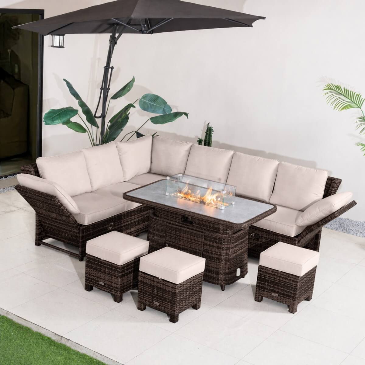 9-Seater Aluminium Fire Pit Sofa Set - Lift-Top Table with Adjustable Armrests