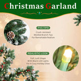 Realistic PVC Christmas Garland - Lush Foliage with Pine Cones, Red Berries & Pre-Lit LED Lights