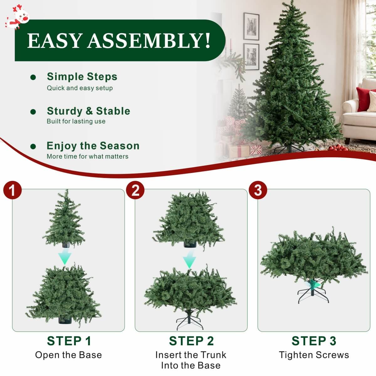 Realistic Full Green Artificial Christmas Tree - PVC Xmas Tree for Easy Setup & Indoor Festive Decoration, 6ft/7ft/8ft