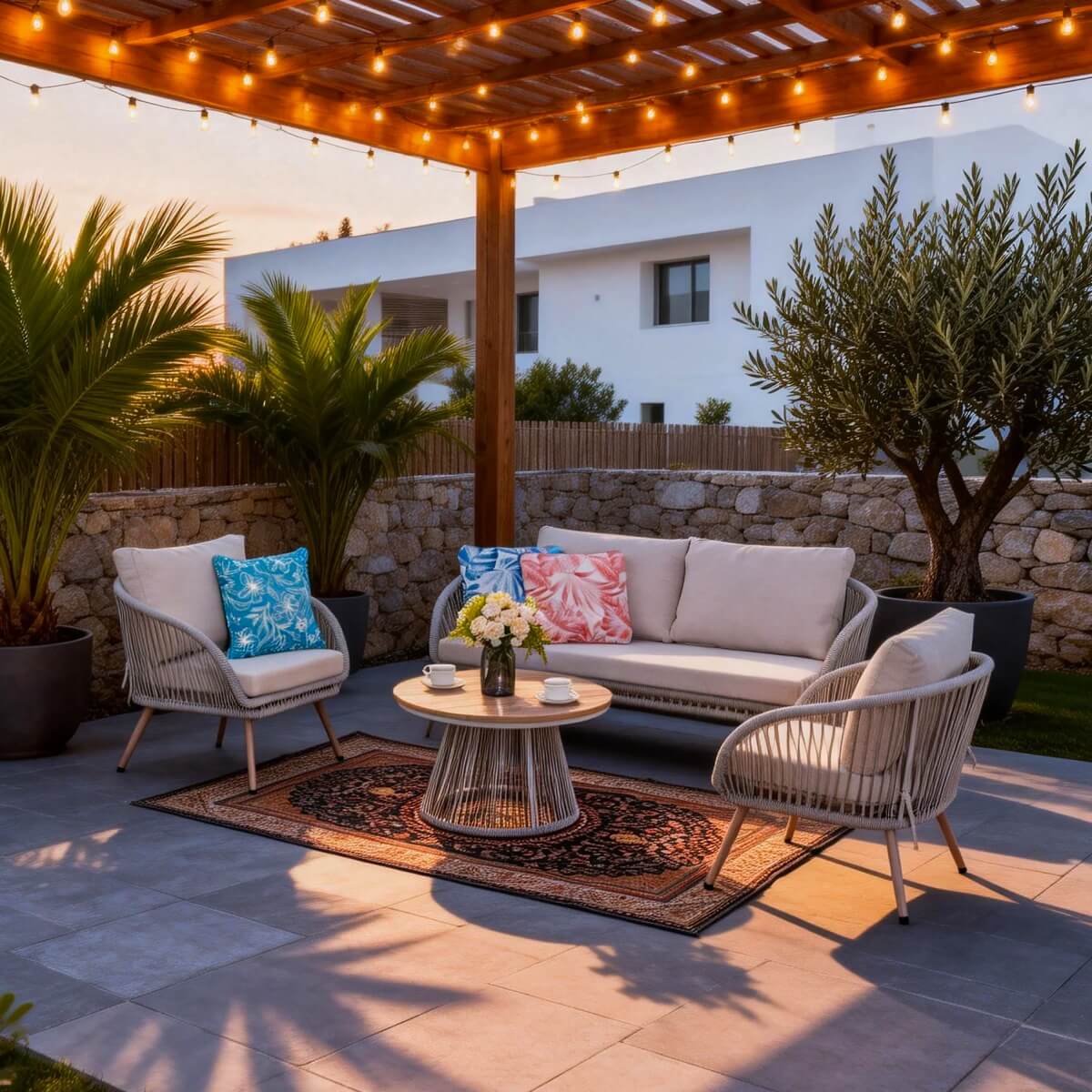 4-Seater Outdoor Sofa Set with Round Coffee Table - Metal Garden Patio Furniture Set