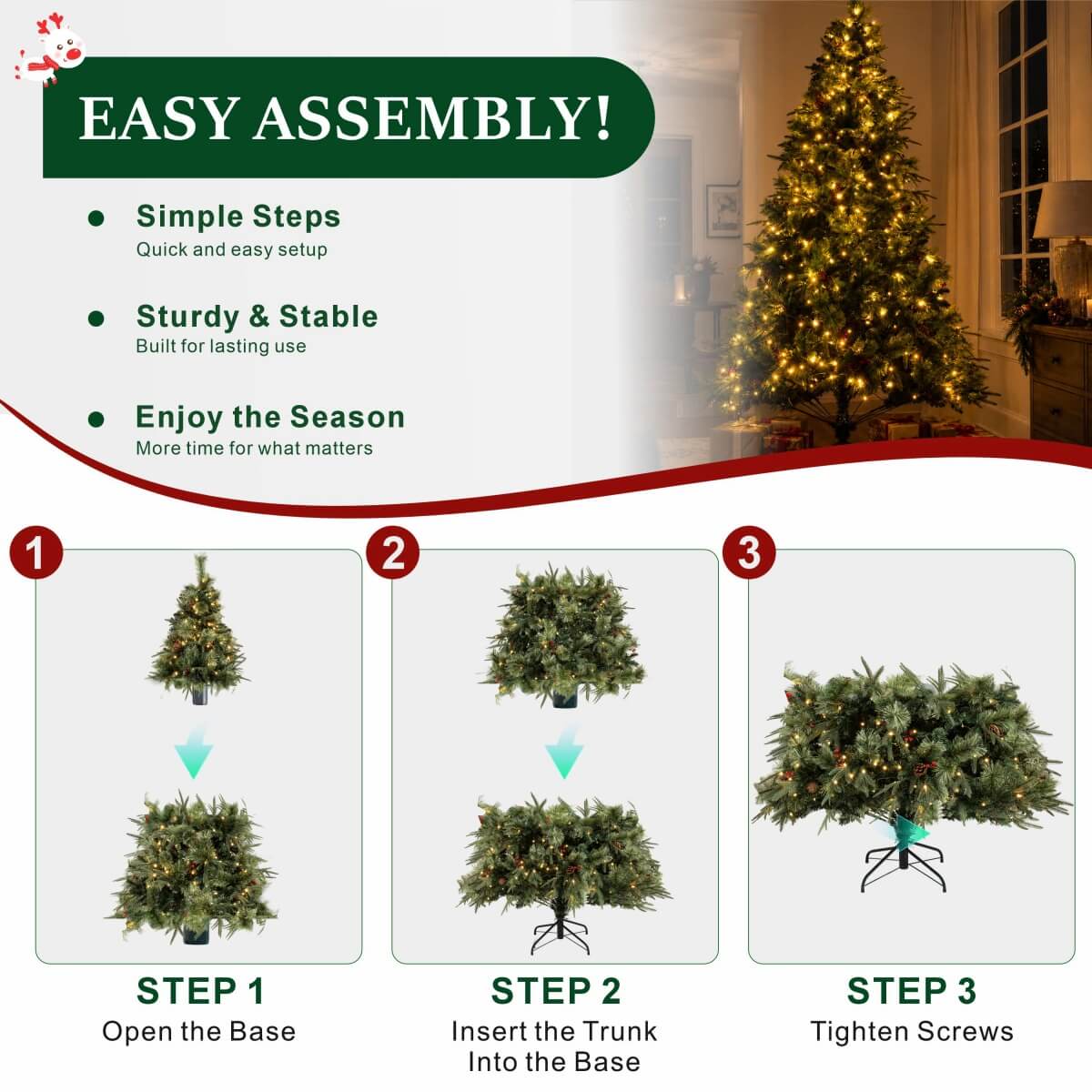 Realistic Full Green Artificial Christmas Tree with Pine Cones & Red Berries - Pre-Lit Warm White LED Lights, PVC Xmas Tree, 6.5ft/7.5ft/8.5ft