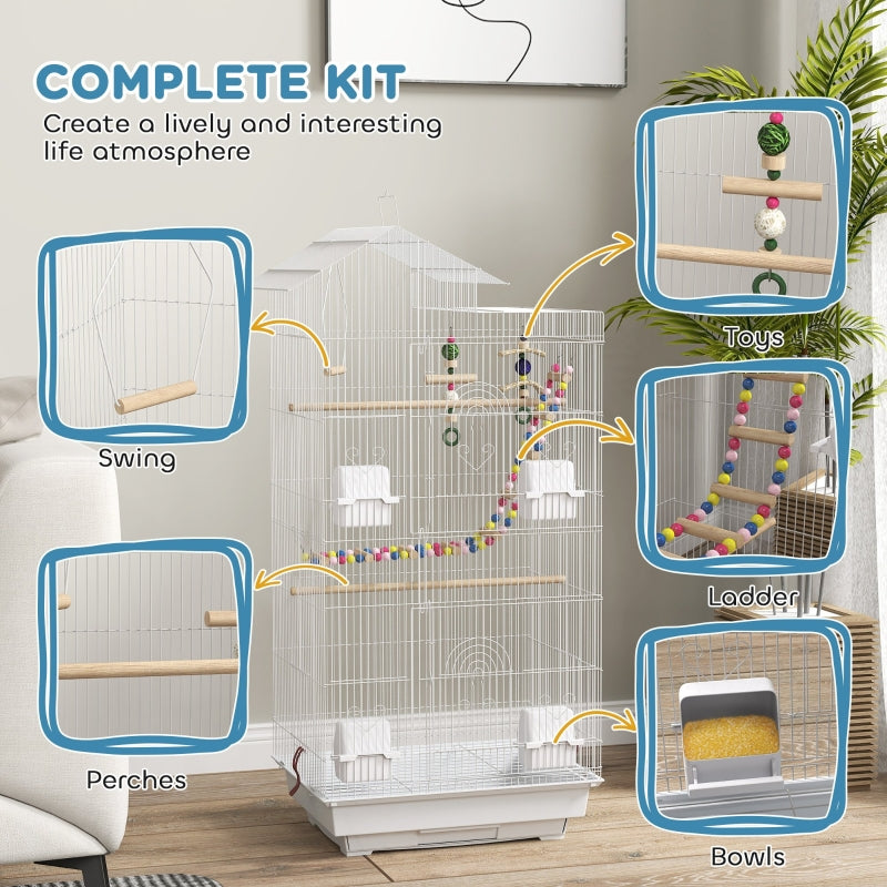 Bird Cage with Accessories, Toys, Tray, White