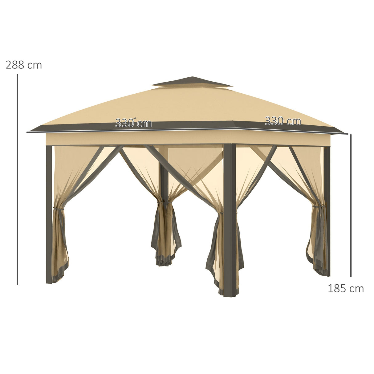 Pop Up Gazebo, 3.3 x 3.3m Double Roof Foldable with Zipped Mesh Sidewalls, Height Adjustable, Beige